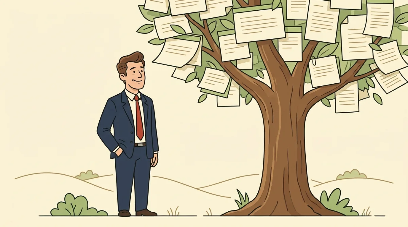 TreeNotes editorial character beside a stylized tree of connected note branches.
