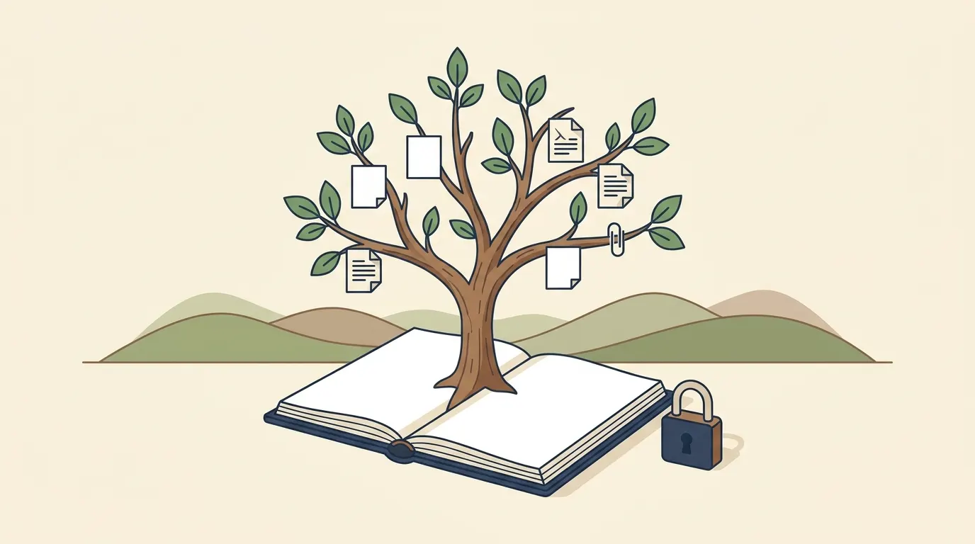 Stylized tree growing from an open notebook with connected documents and a subtle padlock.