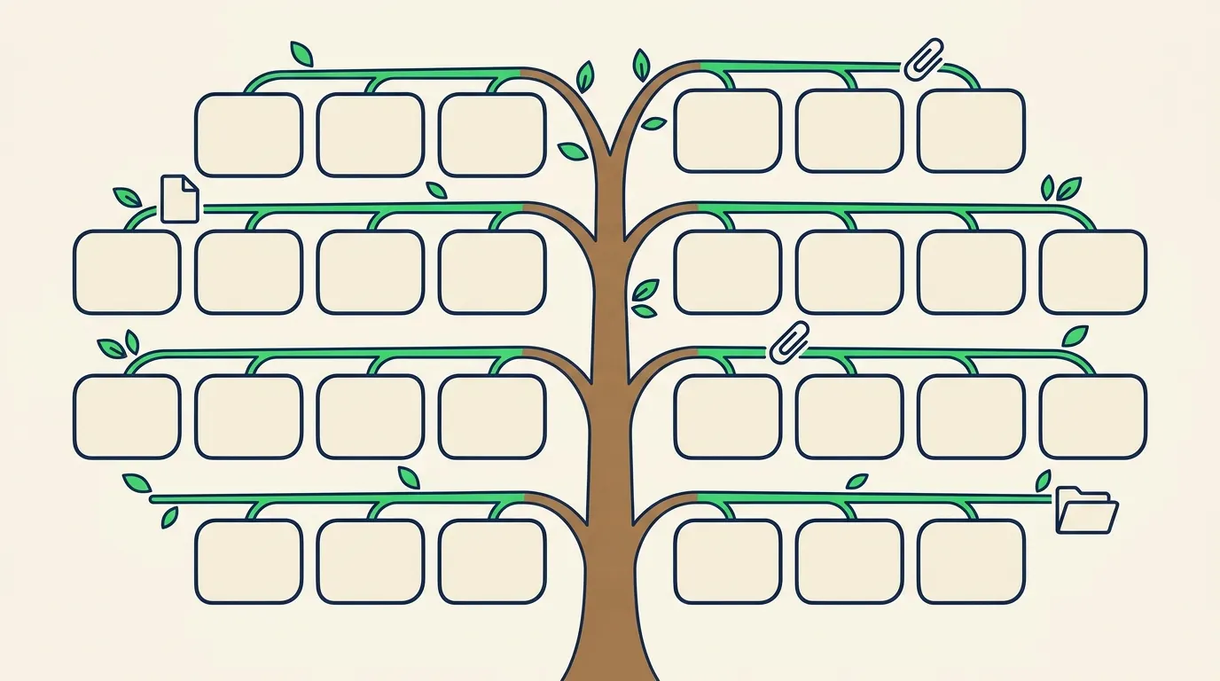 Diagram of a tree structure connecting a main workspace to nested notes and attachments.