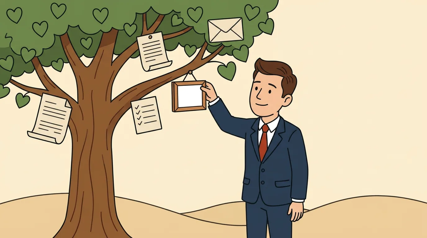 Illustrated man in a navy suit and red tie hanging a photo frame on a green tree whose branches already hold a document, a checklist card, and an envelope.