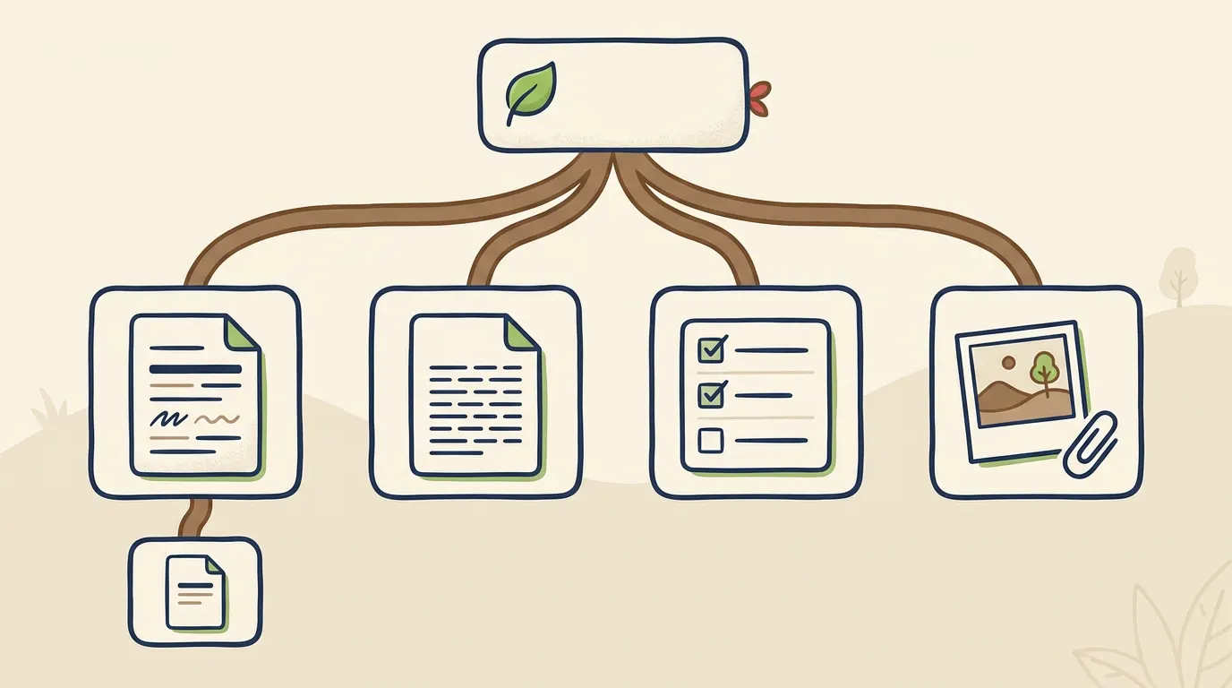 Diagram of a project node branching into four children: a rich text page, a plain text page, a task checklist, and a photo with an attachment, with one nested child under the rich text page.