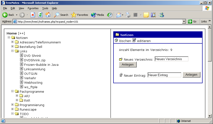 TreeNotes 1.0 in Internet Explorer: tree pane with folders and entries, content pane with create/edit/delete options