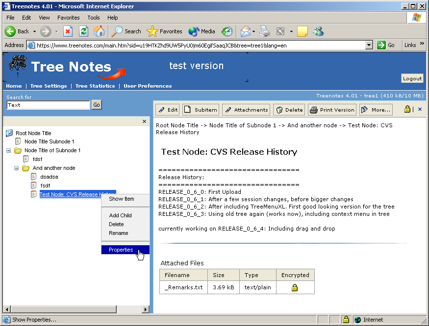 TreeNotes 4.01 in Internet Explorer: tree with context menu, content with release history and attached files table