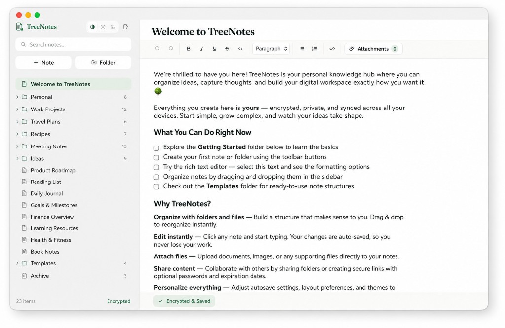 TreeNotes Mac app showing a hierarchical note tree beside a rich text editor, with encryption status visible